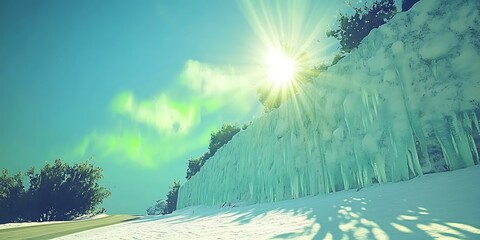 Winter Landscape with Icicles and Sun