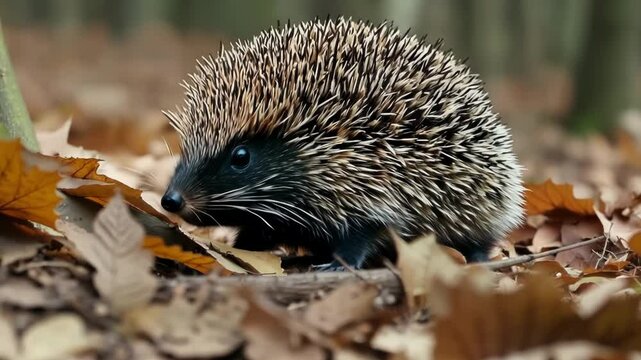 Small hedgehog is making its way through a bed of dry autumn leaves, sniffing the ground in search of something to eat