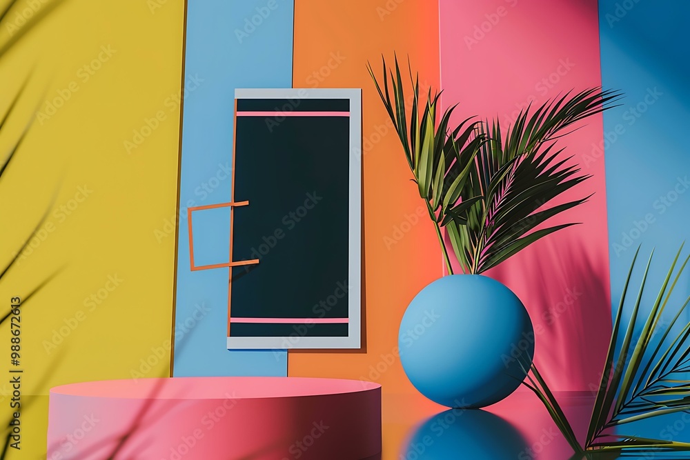 Poster minimalist 3d render with palm leaves and colorful background