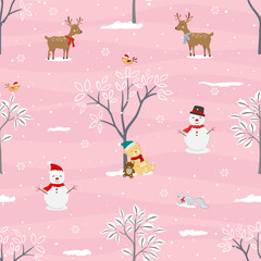 Winter seamless pattern with cute animals happy on winter forest,design for decorative,fashion,fabric,textile,wrapping paper and all print