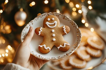 Fototapeta premium Merry Christmas! Hand holding gingerbread man cookie with icing on background of cookies in plate on table against christmas tree golden lights. with generative ai