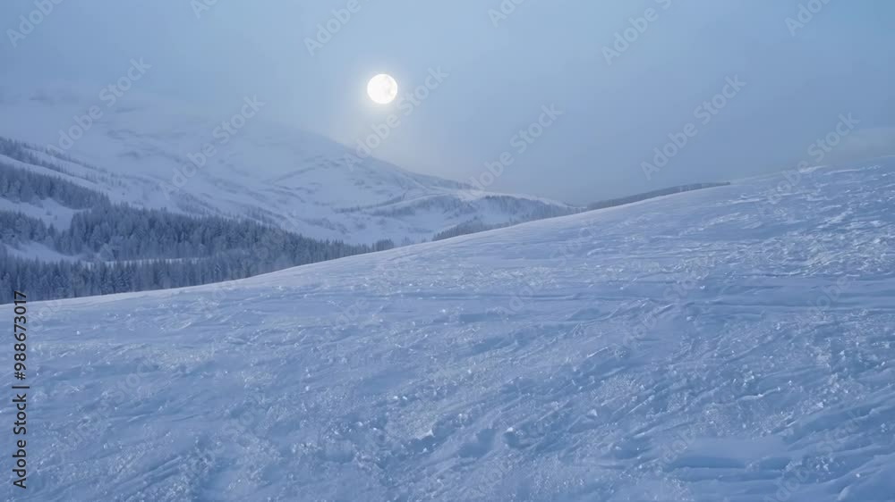Poster serene winter night at a ski resort. illuminated by a bright full moon. casting a soft glow over the