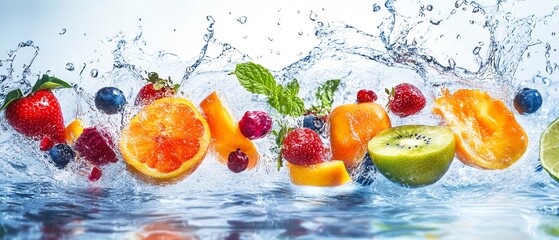 Fresh fruit splash, white isolate background