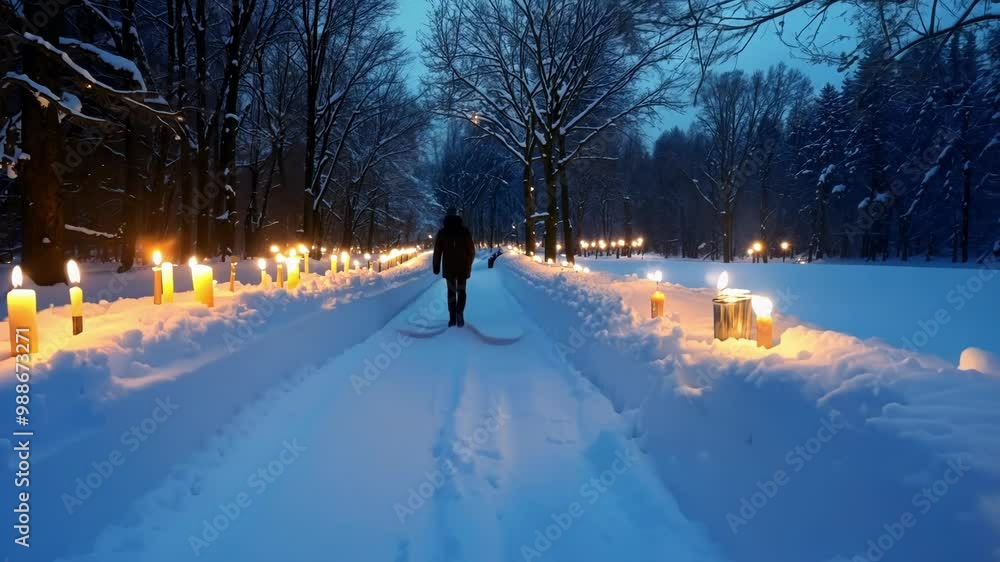 Aufkleber man walks down a snow covered path at night, lit by candles. the serene winter scene is peaceful and