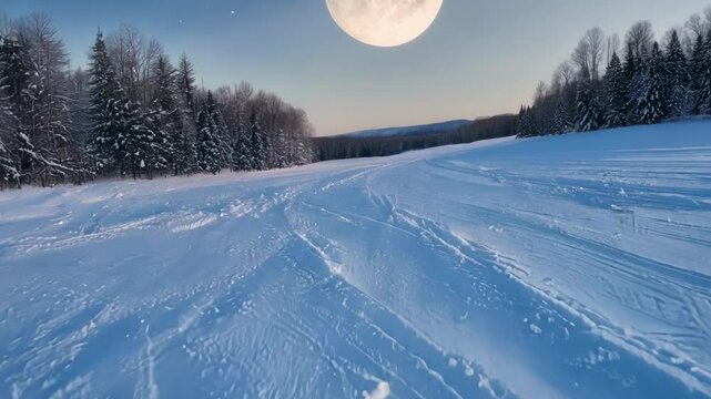 Snowmobile trails are leaving a network of winding tracks across a pristine snow covered field, creating an abstract pattern against the backdrop of a winter forest