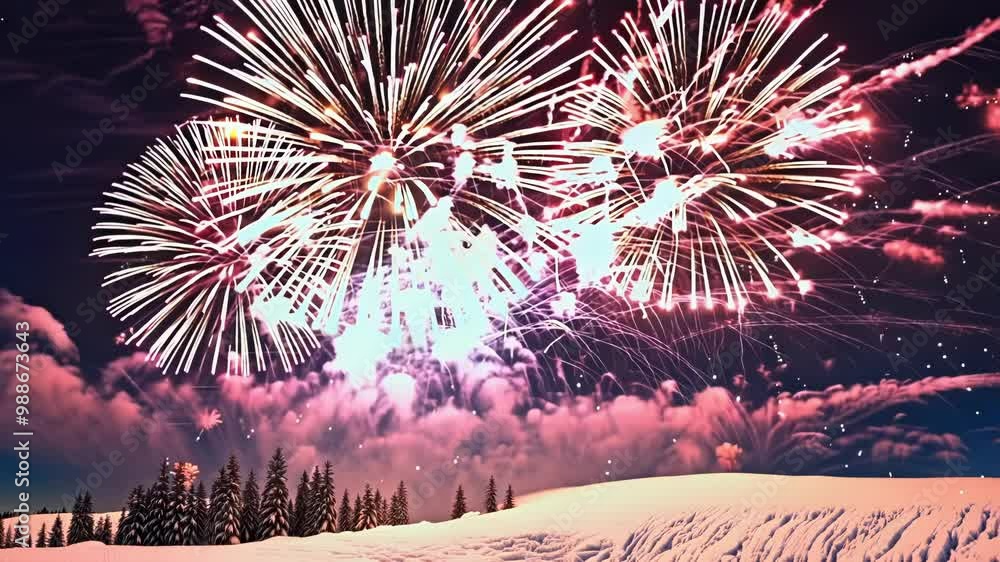 Poster festive firework display is exploding over a snowy forest, illuminating the night sky with bright li