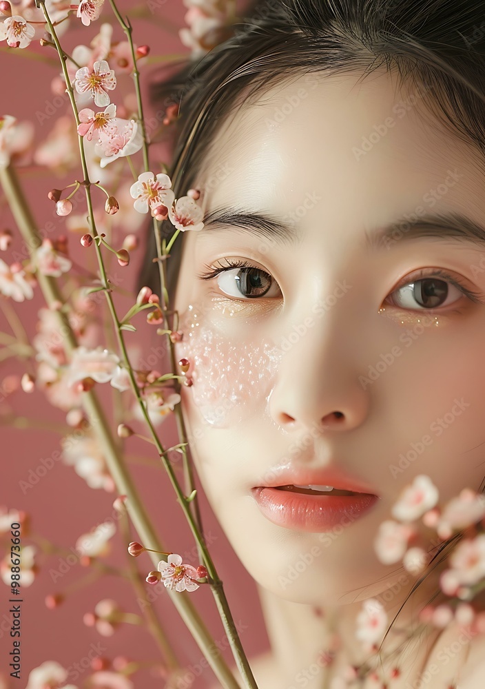 Poster Closeup of a Young Woman with Flowers on Her Face