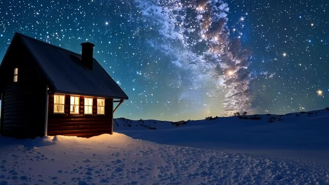 Cozy wooden cabin is emanating a warm glow on a cold winter night, with the milky way illuminating the snow covered landscape