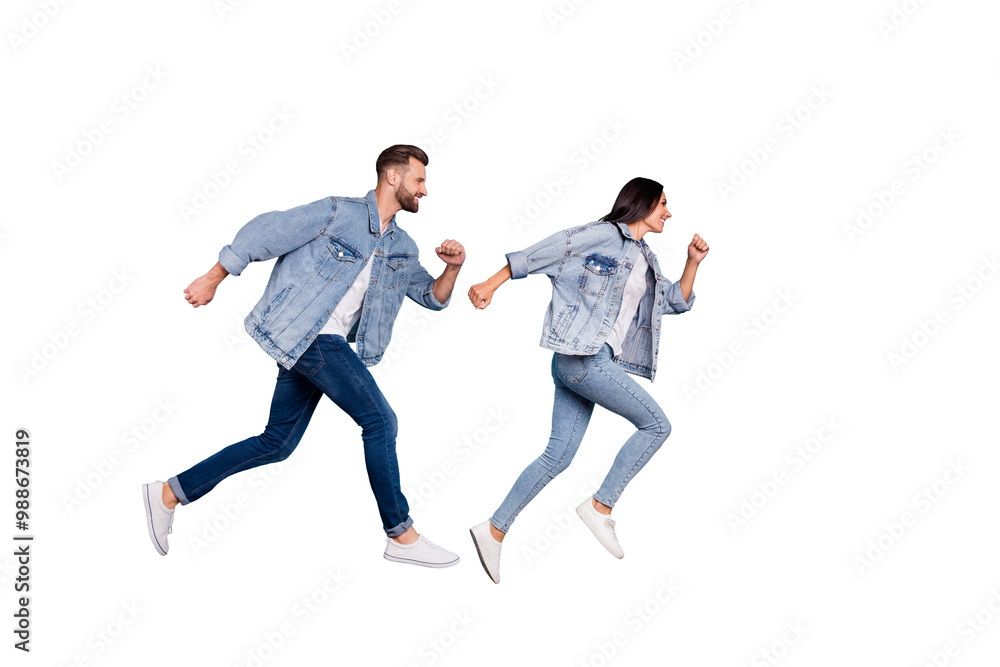 Poster full length body size photo of funny enjoying nice good cute couple wearing jeans denim clothes havi