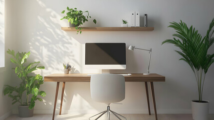 Minimalist home office desk with a computer, desk lamp, and plants.