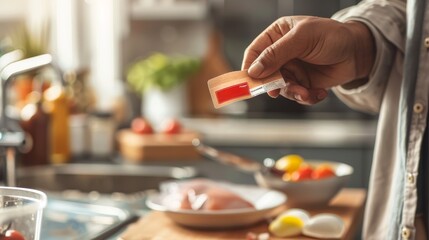 Close-up of hand holding small red allergen-free label on food package, highlighting importance of allergen awareness and safety in food consumption.