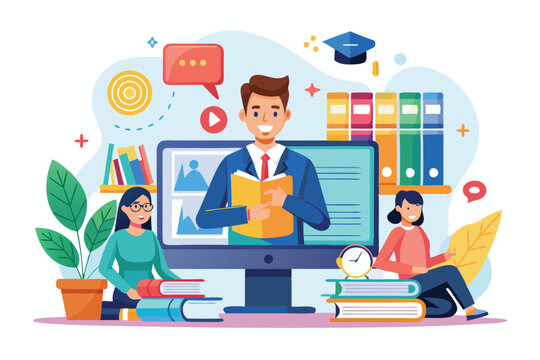 A presenter leads an online educational session with participants in a vibrant digital learning environment, Educational webinar digital