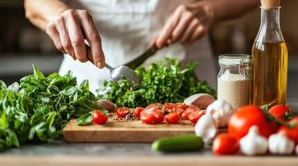 Elderly woman learning to cook glutenfree meals in a homey kitchen, special diets, nutrition for seniors
