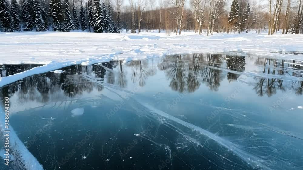 Poster Thick layer of transparent ice with cracks covering the surface of frozen lake, creating beautiful patterns and reflecting the trees on the shore