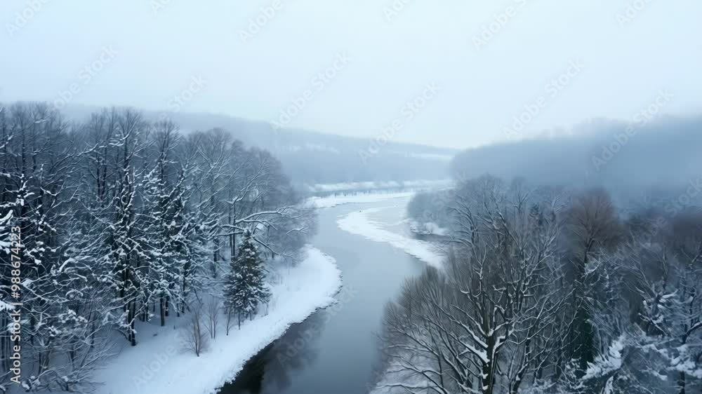 Poster serene winter landscape with a river meandering through a snow covered forest, captured from above o