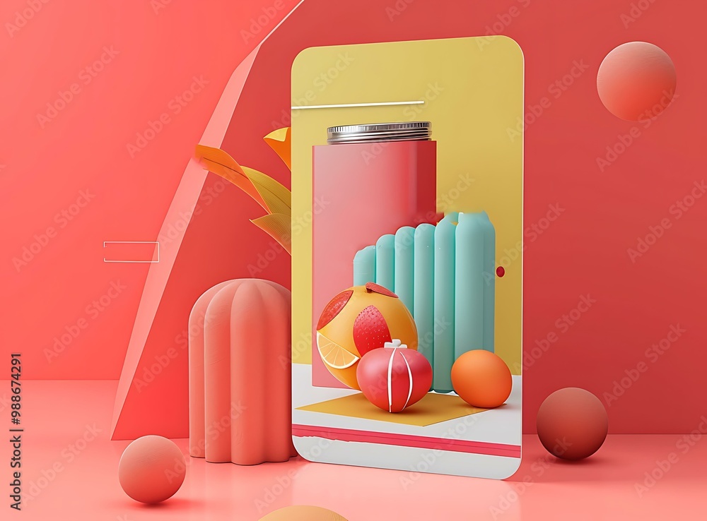 Poster 3d rendered website design with abstract shapes and fruit