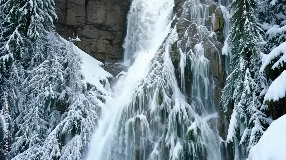 Poster powerful waterfall cascading down a rocky mountainside covered in fresh white snow and surrounded by