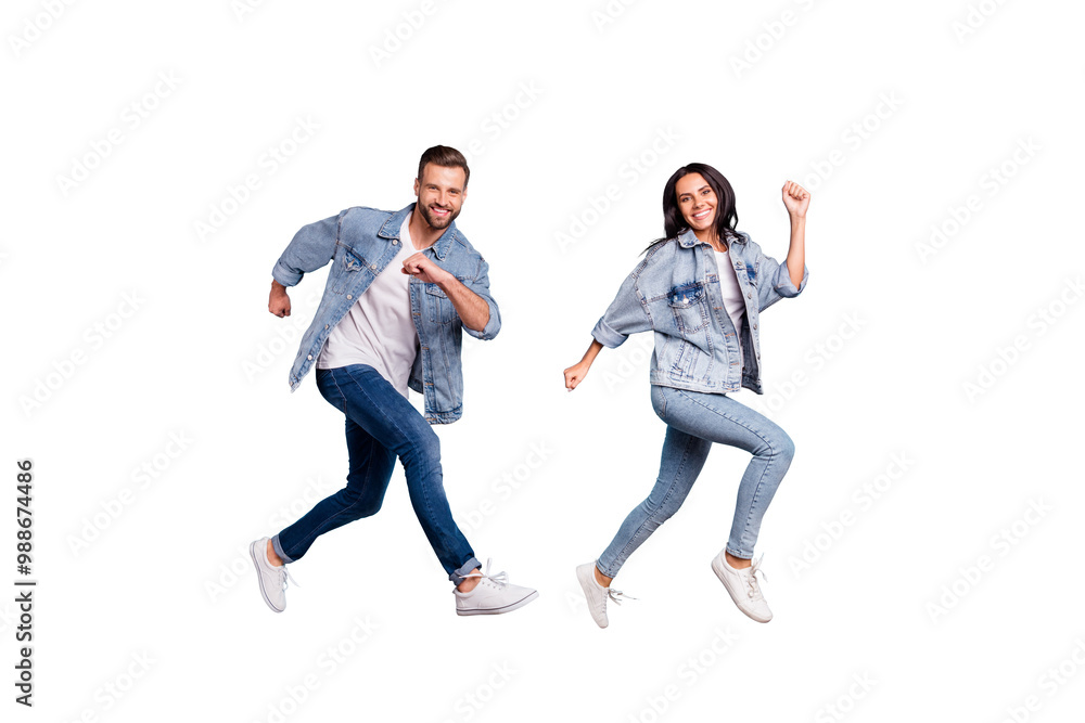 Poster full length body size photo of rejoicing couple of friends running towards shopping mall for sales w