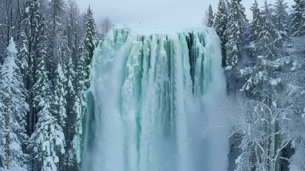 Aufkleber powerful waterfall is partially frozen as it plunges over a cliff into a pool of water surrounded by