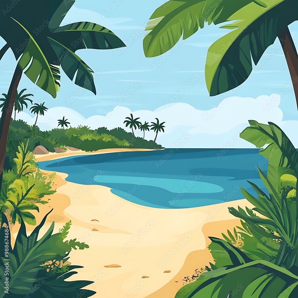 Sticker Tropical Beach Illustration With Palm Trees