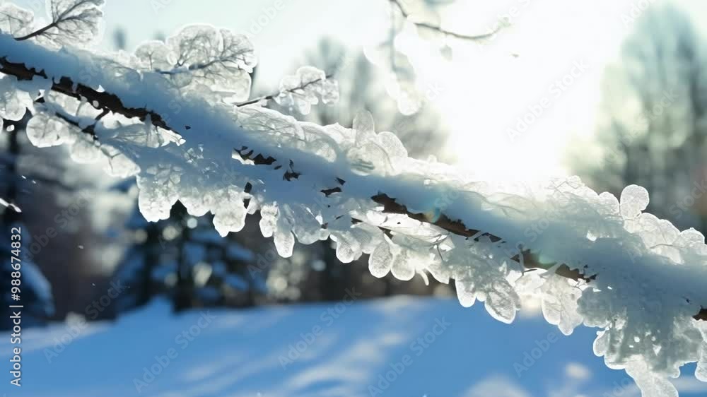 Poster winter sun shines through a frozen tree branch, creating a glistening effect in a snowy forest. this