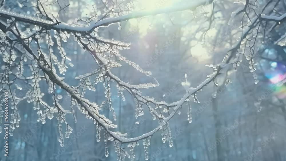 Poster sunlight sparkles on icicles hanging from snow covered tree branches in a peaceful winter forest