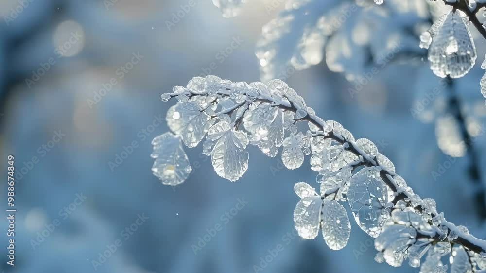 Poster Sunlight shines through ice covered leaves on a tree branch. Creating a sparkling winter scene with crystal clear ice and snow covered branches against a blue and white background