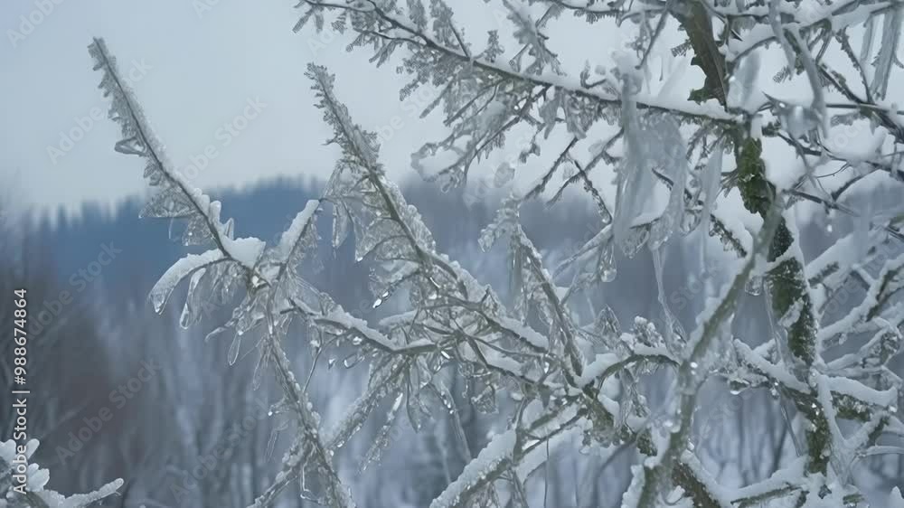 Aufkleber the tree branches are covered in sparkling ice, with a thick blanket of snow on the ground in the ba
