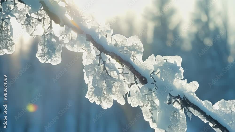 Poster sunlight shines through snow and ice covered tree branch in winter scene, against cool blue forest. 