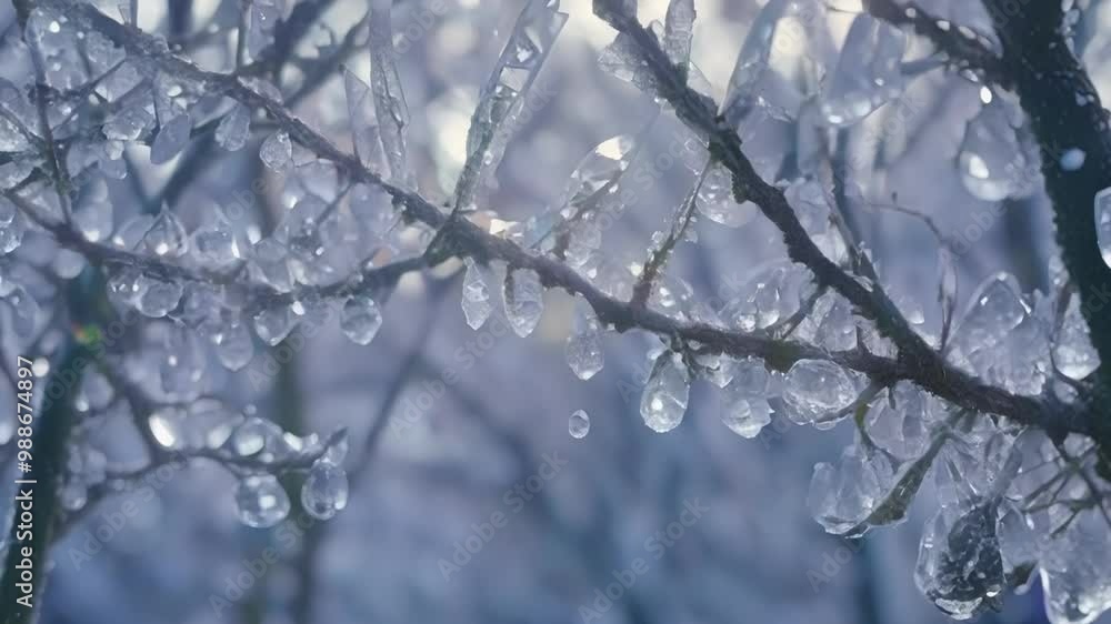 Aufkleber Close up of a tree branch covered in ice after freezing rain, sunlight is reflecting on the ice creating a beautiful bokeh