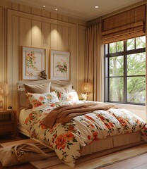 A cozy bedroom with wooden elements and floral prints