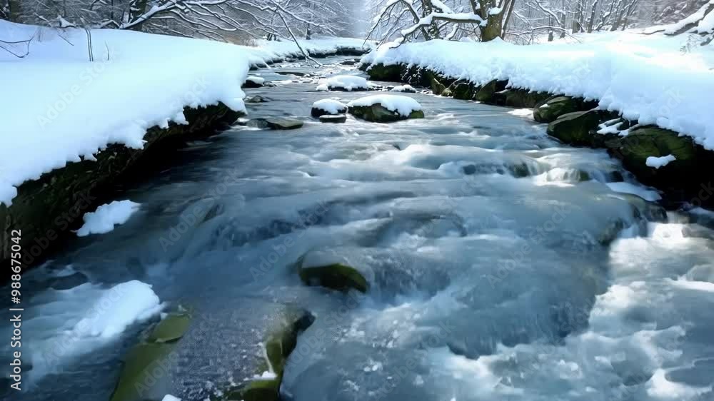 Aufkleber river rapids flowing through a snowy forest during winter. the water is partially frozen, creating a