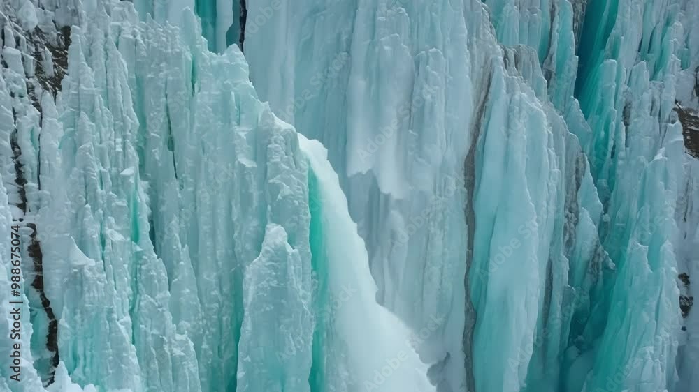 Aufkleber Flowing water partially frozen creating turquoise ice formations on a cliff side. The textures and colors create a beautiful abstract winter scene