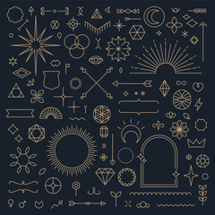 Set of linear thin line art deco boho retro vintage design elements. Geometric shapes, Outline symbols