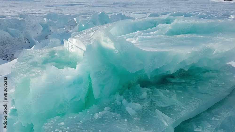 Aufkleber Turquoise ice formations stacked on top of each other on a frozen lake, snow capped mountains and cloudy skies in the background