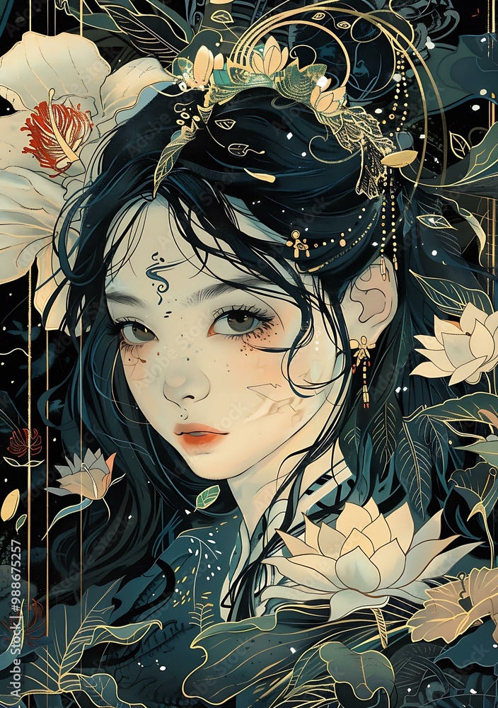 Poster Anime Girl Portrait with Floral and Golden Details