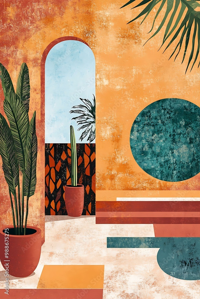 Canvas Prints Abstract Illustration of a Tropical Courtyard with Plants and Geometric Shapes