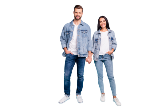 Full length photo of cute people smiling wearing denim jeans jackets isolated over blue background