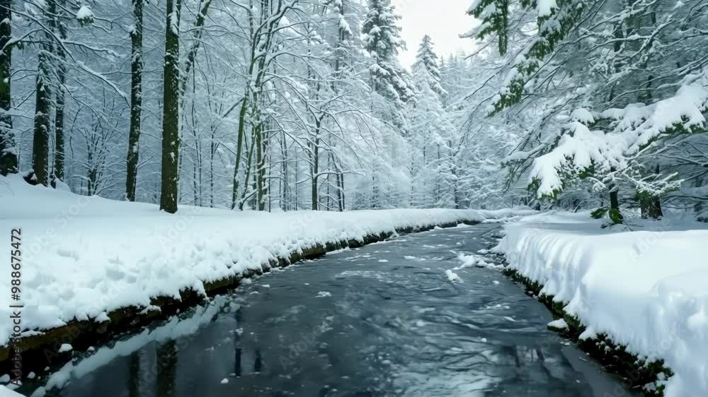 Poster flowing gently through a tranquil winter forest. a small river meanders amidst snow covered banks an