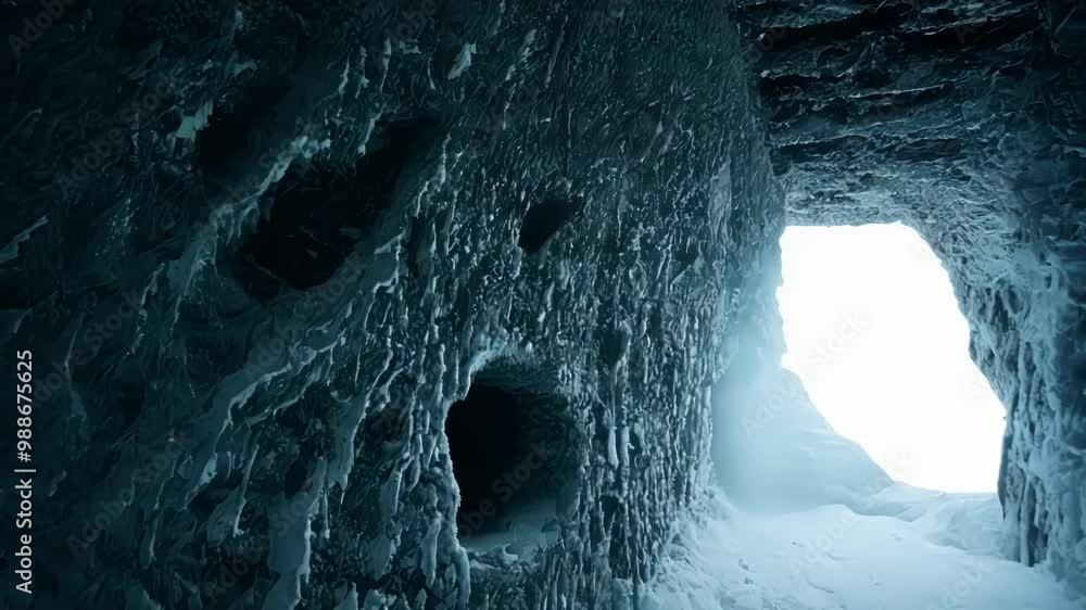 Poster looking up at textured ice cave walls with snow, creating a stunning winter wonderland. the intricat
