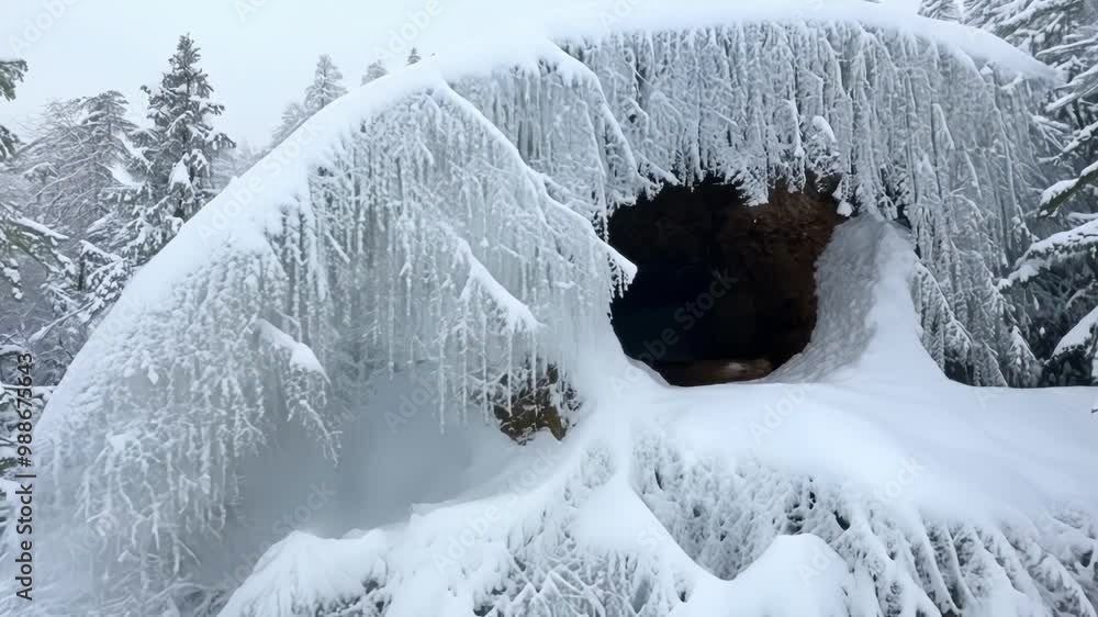 Aufkleber snow covered trees are creating an archway over an opening in the forest on a cold winter day. the b