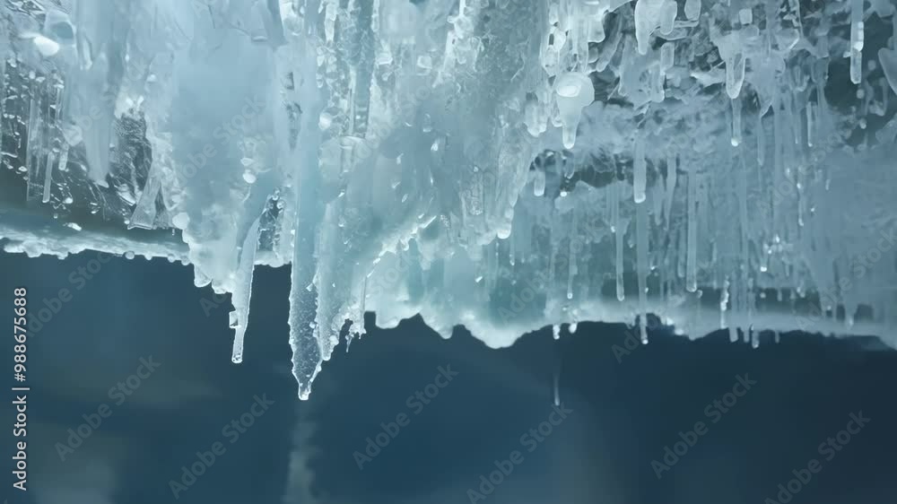 Poster sparkling icicles of various lengths are hanging from the edge of a frozen lake, creating a beautifu