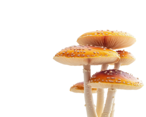 Colorful mushrooms with orange caps and white spots on a white isolate background. transparent background