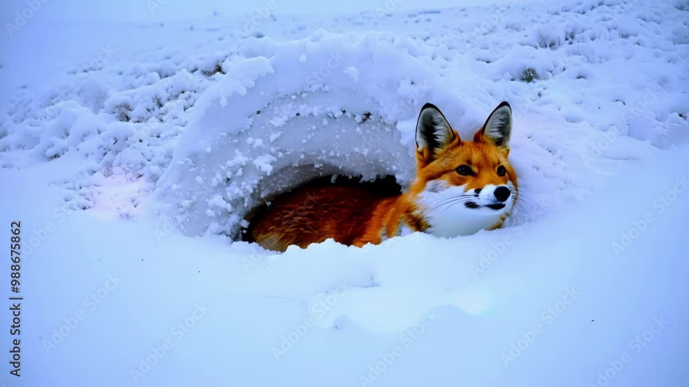 Poster Snowy landscape showing a dark opening in the ground covered with fresh snow, evoking a mysterious and cold atmosphere