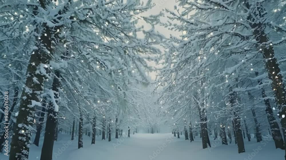 Poster magical winter scene of a snow covered forest with christmas lights glowing on the branches, creatin