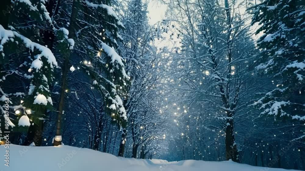 Poster Transforming winter forest into magical wonderland with snow covered pine trees adorned with glowing string lights, creating festive holiday atmosphere