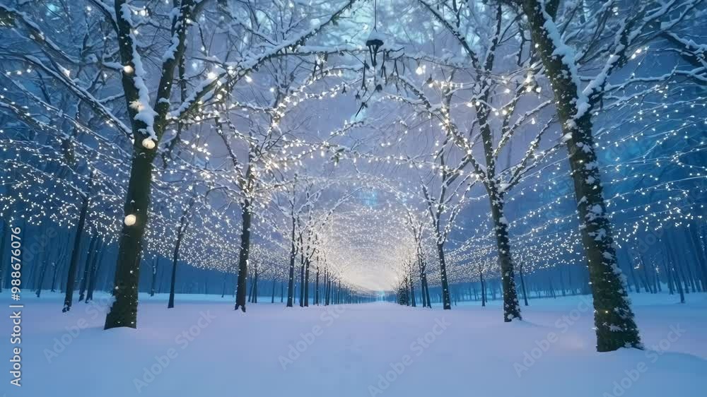 Aufkleber Snowy path is leading through an avenue of trees covered with fresh snow and decorated with glowing string lights, creating a magical winter atmosphere