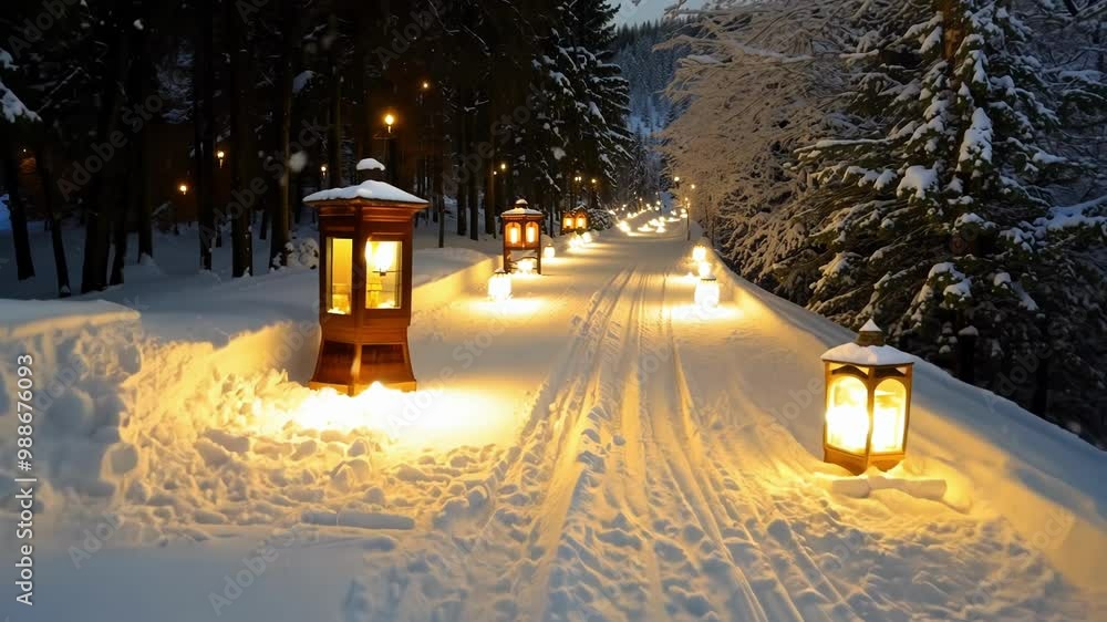 Aufkleber magical snowy path glows warmly at night, creating a peaceful winter scene with snow covered trees a