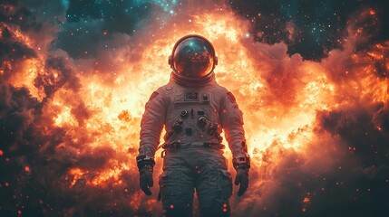 Astronaut Standing Before a Fiery Cosmic Explosion with Stars in the Background in a Futuristic Space Scene