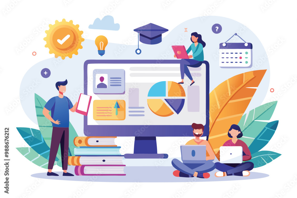 Poster students engage with a digital platform featuring educational resources and tools in a colorful, inv